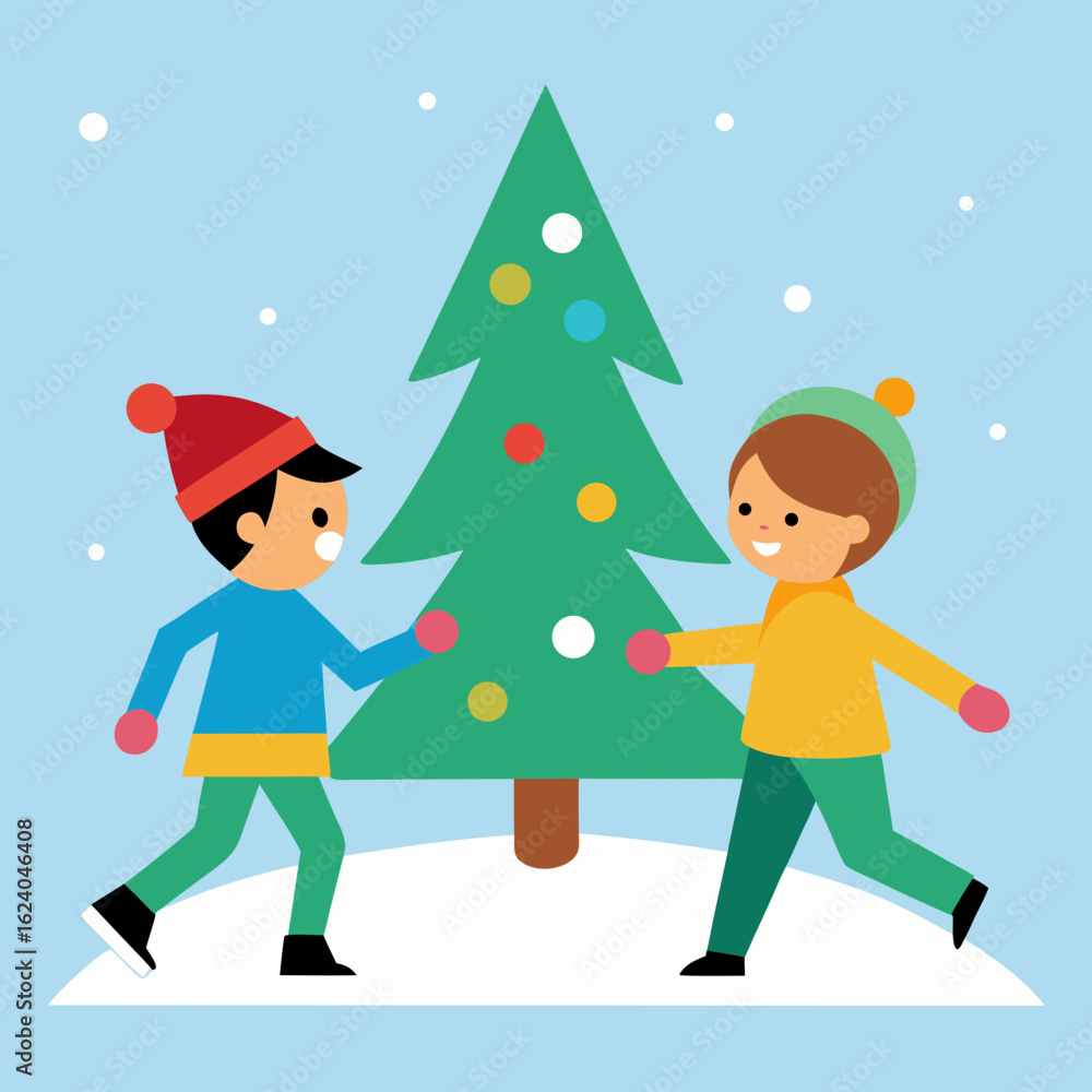 Fototapeta premium Children decorating a christmas tree in the snow