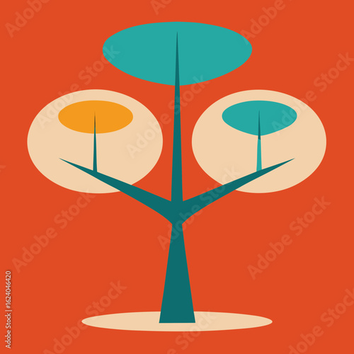 Abstract mid century modern tree with teal and orange accents