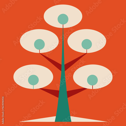 Abstract mid century modern tree with oval leaves on orange background