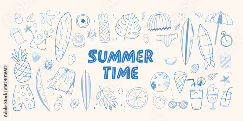 Collection of hand drawn summer vacation icons and symbols with the words summer time