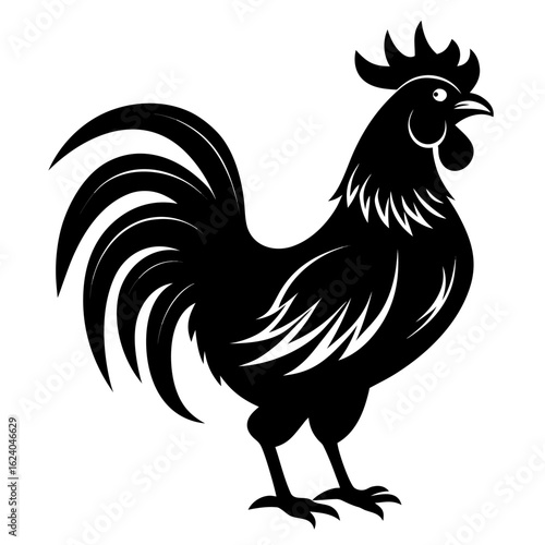 Crowing Rooster Silhouette | Black and White Vector Farm Bird Icon
