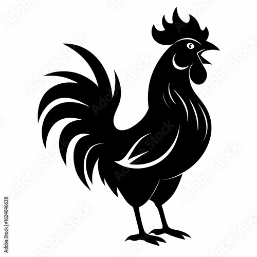 Crowing Rooster Silhouette | Black and White Vector Farm Bird Icon