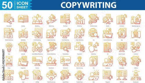 Copywriting Icon Set Collection. Containing newspaper, catalog, marketing, advertising, brochure, marketing, content creator, quality icon.