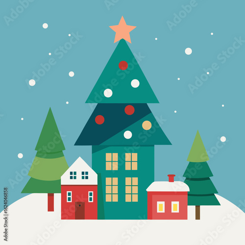 Cozy winter village scene with christmas tree and snowfall
