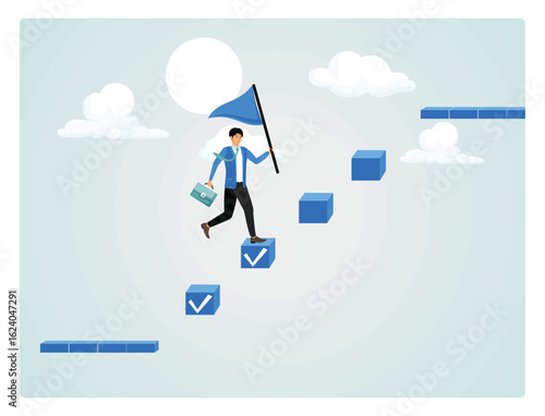 Progression from start to success. Businessman step on checklist to progress to target.
