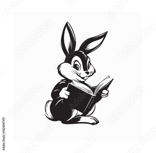Easter Bunny Reading a Book Black and White Cute Holiday Line Art Illustration