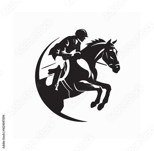Equestrian Sport Male Rider on Horse Black and White Elegant Silhouette Vector Design