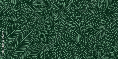 Seamless pattern of dark green tropical leaves with light green veins in a stylized illustration
