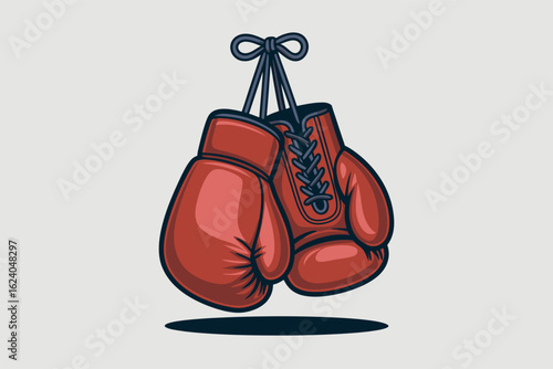 Displays two red boxing gloves hanging by their laces. Perfect for sportsthemed designs and fitness promotions.