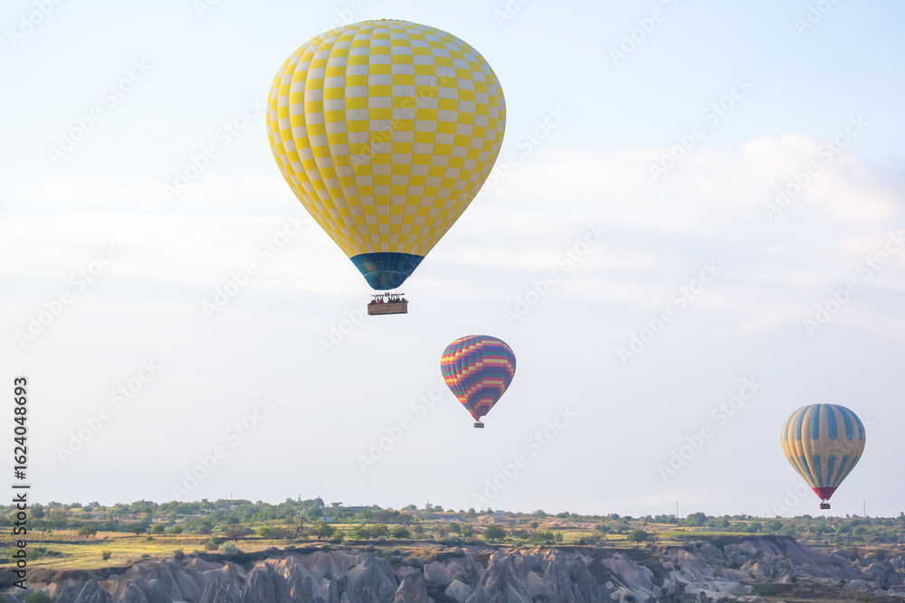 Obraz premium Hot air balloons soaring above the stunning landscapes of Cappadocia, Turkey during sunrise