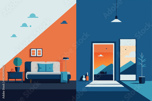 bedroom makeover  before and after  vector concept.eps