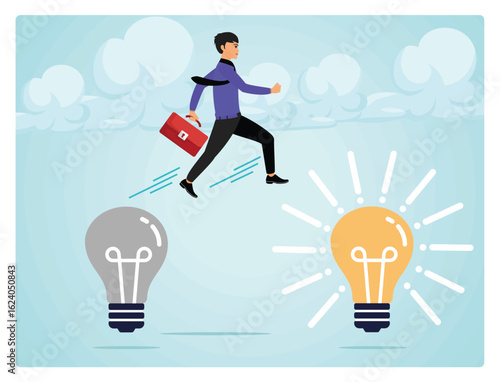 Business transformation concept. Smart businessman jump from old to new shiny lightbulb idea.