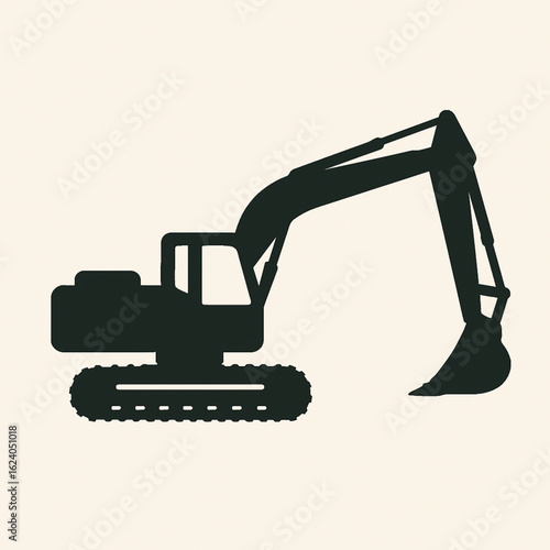 A stylized black silhouette of an excavator on a light beige background. It features a tracked base, cab, and a long articulated arm with a bucket in a digging pose. The design is bold and minimalist.
