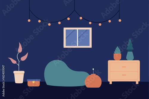 bedroom with fairy lights  tapestry  and bean bag  (1).eps