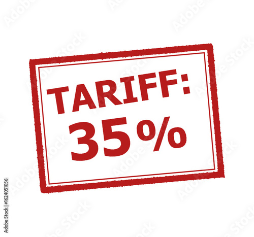 Red Tariff: 35% Stamp Design – Trade Duty Label, Import Tax, Customs Notice Vector on White Paper