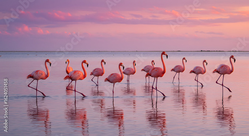 Magnificent flamboyance of pink flamingos wades in tranquil water during sunset