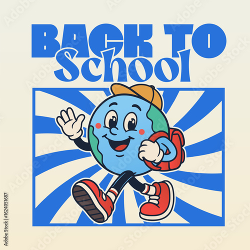Cheerful Cartoon Earth Mascot with Backpack Going Back to School – Fun and Colorful Educational Illustration for Kids and School-Themed Projects