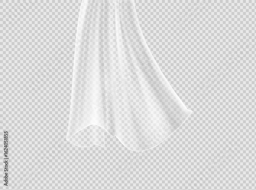 White lightweight fabric curtain fluttering realistic vector illustration mock up. Shower or window fabric on a curtain rod template.