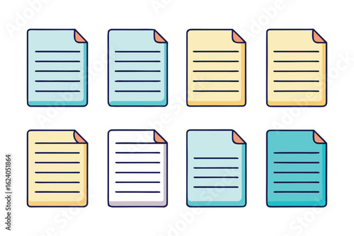 Vibrant collection of eight flat design icons representing documents or pages, featuring different colored paper stacks with curled corners, isolated on a white background for digital use