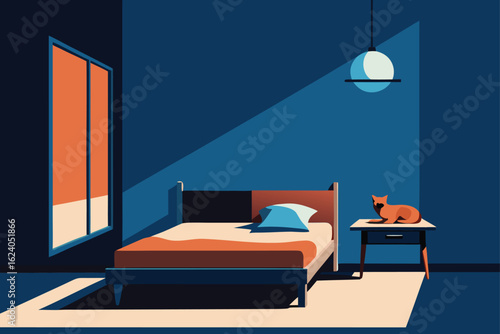 bedroom-with-pet-sleeping-on-bed--.eps