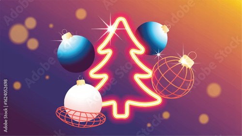 Glowing neon tree with festive baubles christmas ornaments