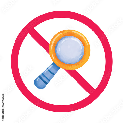 Magnifying glass with forbidden sign, no search or analysis allowed icon