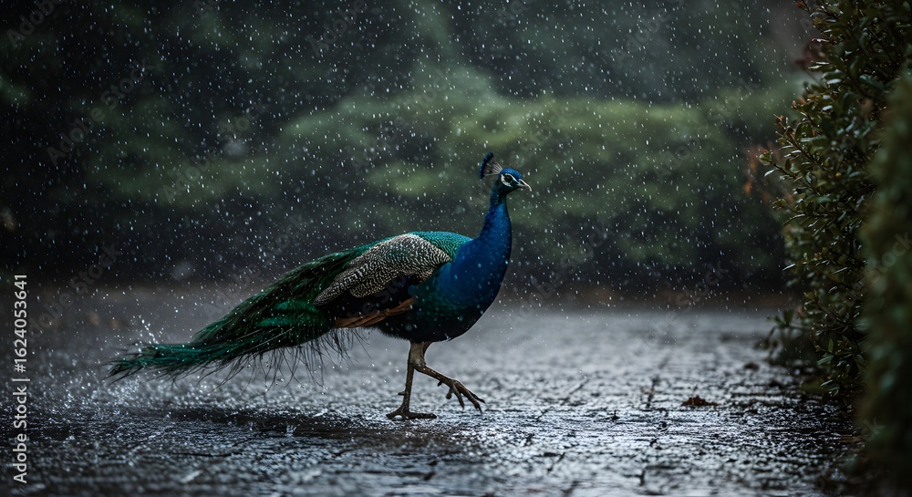 Obraz premium A side view of a peacock walking on a wet path, captured in a moment of heavy rain with water splashing around its feet.