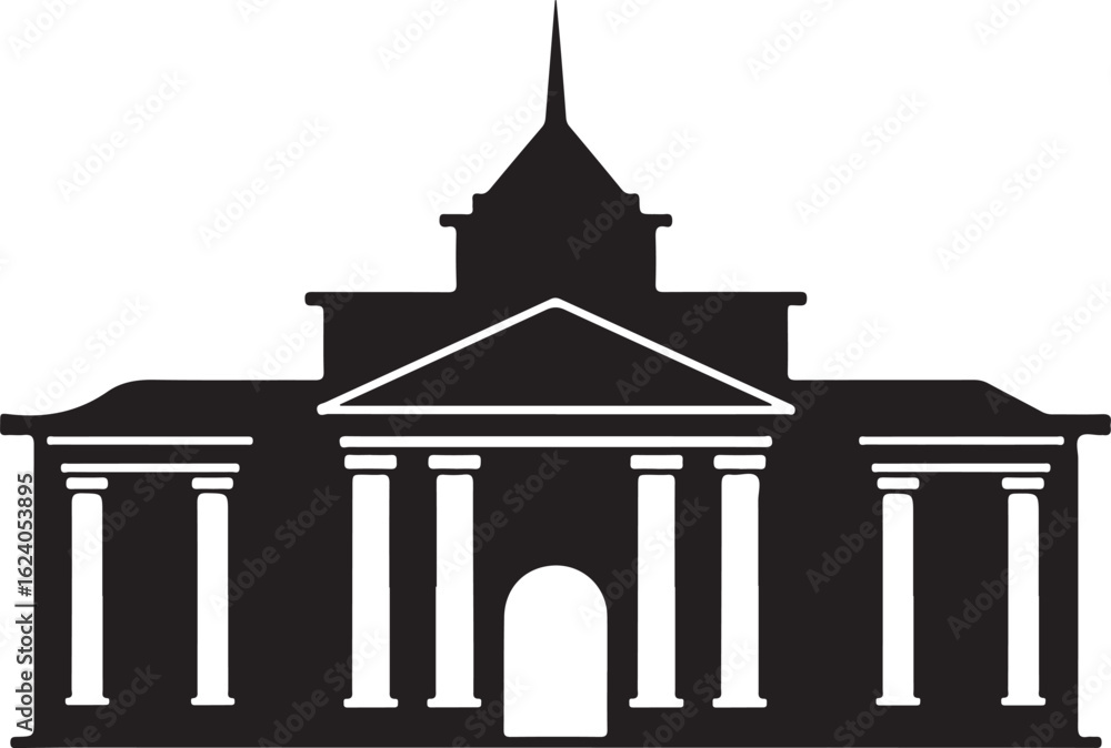Fototapeta premium Black silhouette of a neoclassical building with columns and pediment architecture