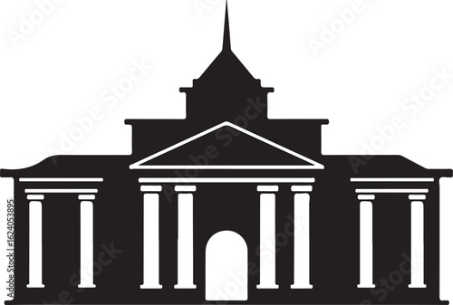 Black silhouette of a neoclassical building with columns and pediment architecture
