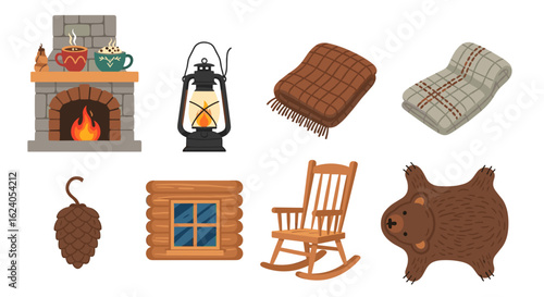 Illustration of a fireplace with mugs, lantern, blankets, pine cone, window, chair, and bear rug