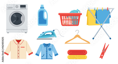Illustration of a washing machine, laundry detergent, basket, iron, and clothes on a white backdrop