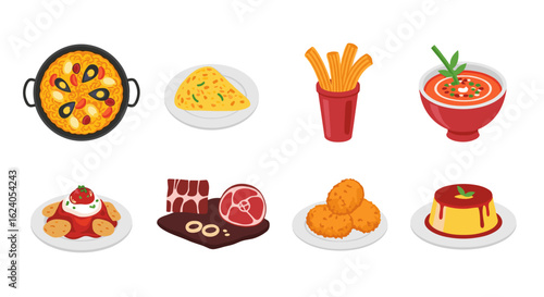 Illustration of a variety of spanish tapas dishes including paella, fries, and flan on white plates
