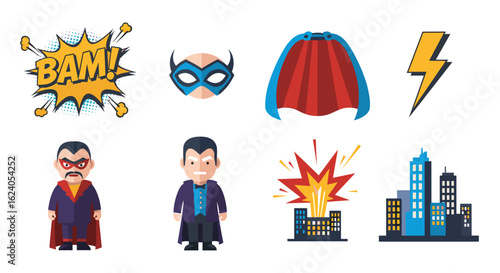 Illustration of superhero themed icons including characters, cityscape, and comic book style effects