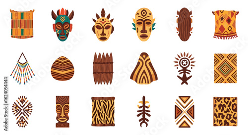 A collection of african tribal masks and decorative elements featuring various patterns and designs