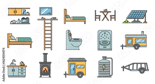 Illustration showcasing various household and outdoor living amenities including furniture and utilities