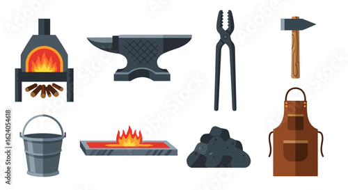 Illustration of a blacksmith setup including a forge, anvil, tongs, hammer, and other tools of trade