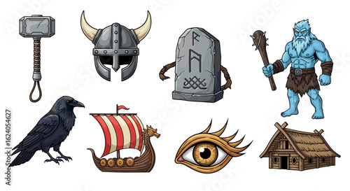 Illustration depicting various viking themed elements including weapons, creatures and architecture