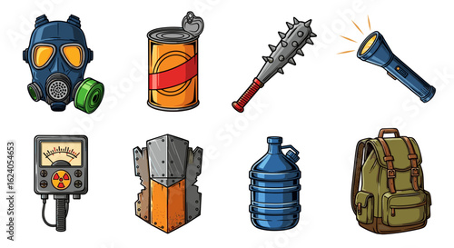 Illustration showing a gas mask, canned food, spiked bat, flashlight, and survival gear items