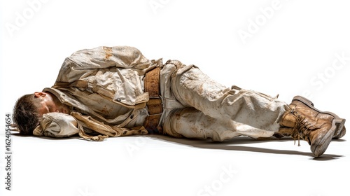 Soldier in Distress Lying on Ground in Dirty Uniform and Boots on White Background