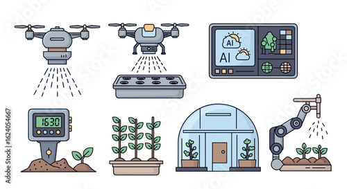 Illustration of agricultural technology with drones, ai monitor, greenhouse and robotic arm watering plants