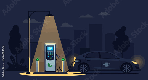 Dark Electric Car Charging at Night EV Station Under Street Lamp in City Background