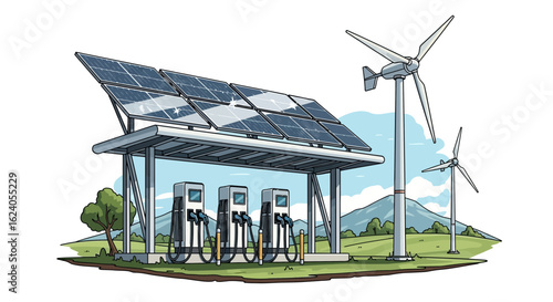 Multiple EV Charging Stations Under Solar Canopy with Wind Turbines in Green Landscape