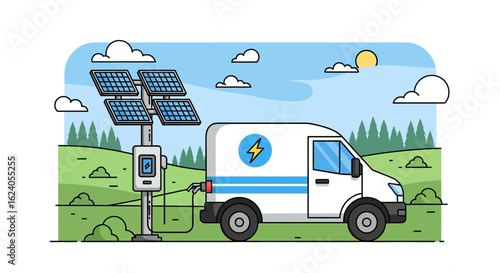 White Electric Van Charging at Solar Powered EV Station in Green Hilly Landscape