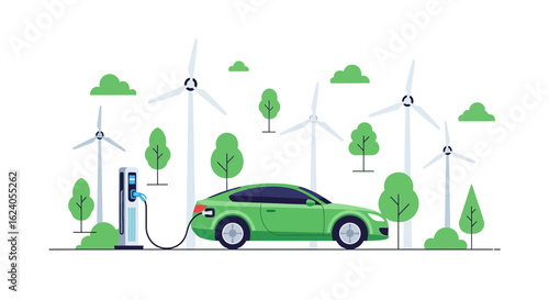 Green Electric Car Charging at EV Station Amidst Wind Turbines and Lush Trees Illustration