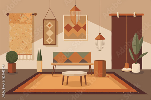 boho style interior with textured rugs  macram   a.eps