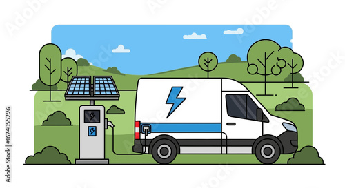 White Electric Van Charging at Solar Powered EV Station in Green Landscape