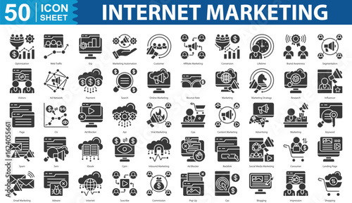 Internet Marketing Icon Set Collection. Containing  optimization, web traffic, erp, marketing automation, customer, affiliate marketing, conversion icon. simple glyph vector illustration