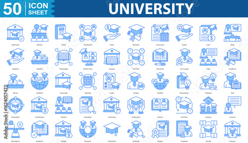 University icon set collection. Containing admission, advisor, thesis, scholarship, grant, bachelor, curriculum, grade, loan, dean, diploma icon. simple blue vector illustration