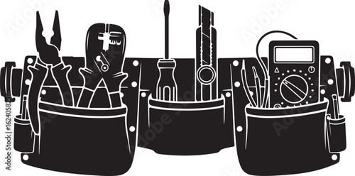 Black silhouette of a tool belt filled with various hand tools pliers screwdriver