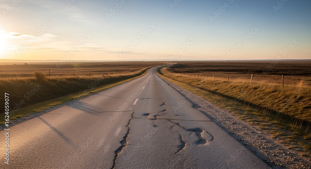 Fototapeta premium Winding cracked road leading into the sunrise over a vast and open countryside landscape